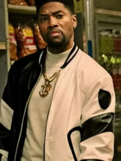 London Brown Power Book III Raising Kanan Black And White Leather Bomber Jacket front view