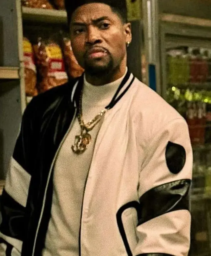 London Brown Power Book III Raising Kanan Black And White Leather Bomber Jacket front view