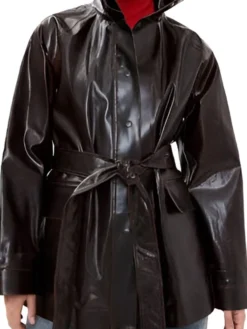 Lucky S01 Annette Bening Black Leather Trench Coat front view