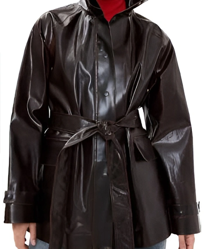 Lucky S01 Annette Bening Black Leather Trench Coat front view