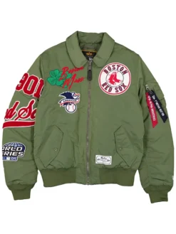 MLB Boston Red Sox New Era x Alpha Industries MA-1 Flight Green Satin Bomber Jacket front view