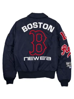 MLB Boston Red Sox New Era x Alpha Industries MA-1 Flight Navy Blue Satin Bomber Jacket back view