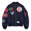 MLB Boston Red Sox New Era x Alpha Industries MA-1 Flight Navy Blue Satin Bomber Jacket front view