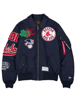 MLB Boston Red Sox New Era x Alpha Industries MA-1 Flight Navy Blue Satin Bomber Jacket front view