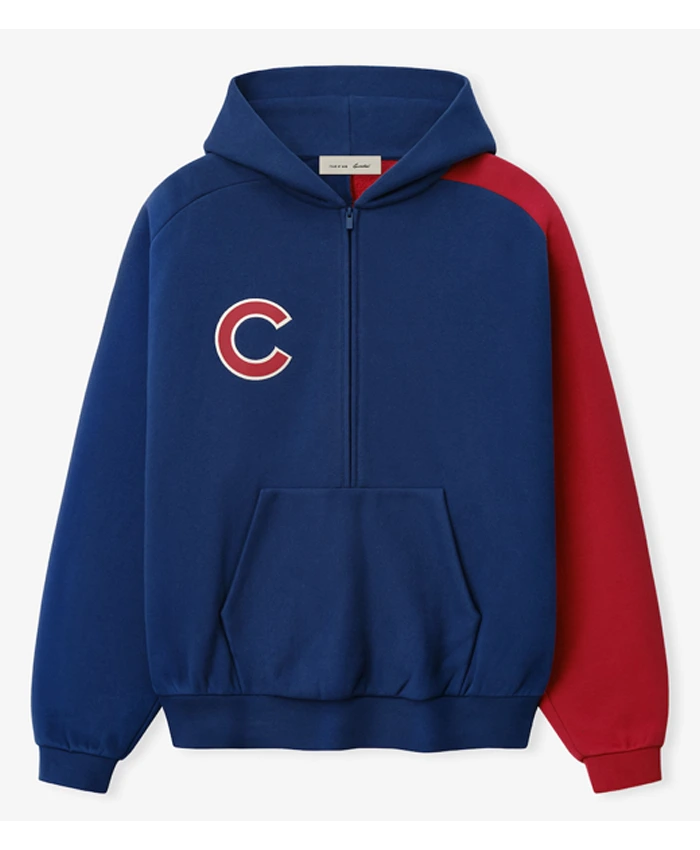 MLB Chicago Cubs x Fear of God Half-Zip Royal And Red Raglan Sport Hooded Jacket front view