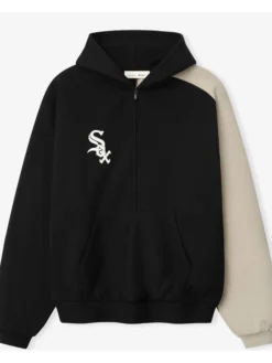 MLB Chicago White Sox x Fear of God Half-Zip Black And Khaki Raglan Sport Hooded Jacket front view