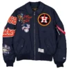 MLB Houston Astros New Era x Alpha Industries MA-1 Flight Navy Blue Satin Bomber Jacket front view