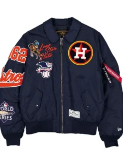 MLB Houston Astros New Era x Alpha Industries MA-1 Flight Navy Blue Satin Bomber Jacket front view