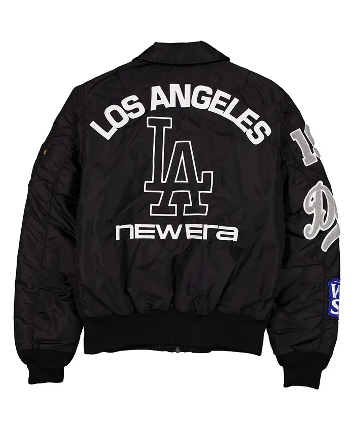 MLB Los Angeles Dodgers New Era x Alpha Industries MA-1 Flight Black Satin Bomber Jacket back view