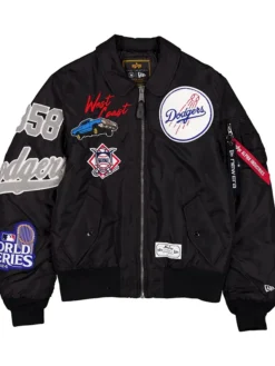 MLB Los Angeles Dodgers New Era x Alpha Industries MA-1 Flight Black Satin Bomber Jacket front view
