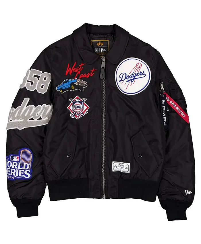 MLB Los Angeles Dodgers New Era x Alpha Industries MA-1 Flight Black Satin Bomber Jacket front view