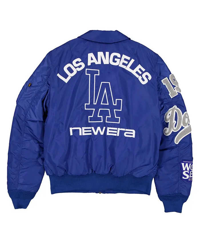 MLB Los Angeles Dodgers New Era x Alpha Industries MA-1 Flight Blue Satin Bomber Jacket back view