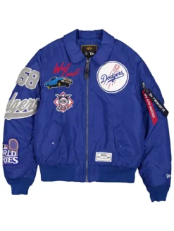 MLB Los Angeles Dodgers New Era x Alpha Industries MA-1 Flight Blue Satin Bomber Jacket front view