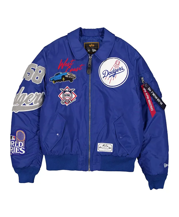 MLB Los Angeles Dodgers New Era x Alpha Industries MA-1 Flight Blue Satin Bomber Jacket front view