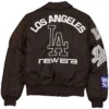 MLB Los Angeles Dodgers New Era x Alpha Industries MA-1 Flight Brown Satin Bomber Jacket back view