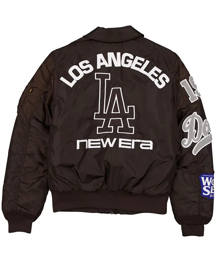 MLB Los Angeles Dodgers New Era x Alpha Industries MA-1 Flight Brown Satin Bomber Jacket back view