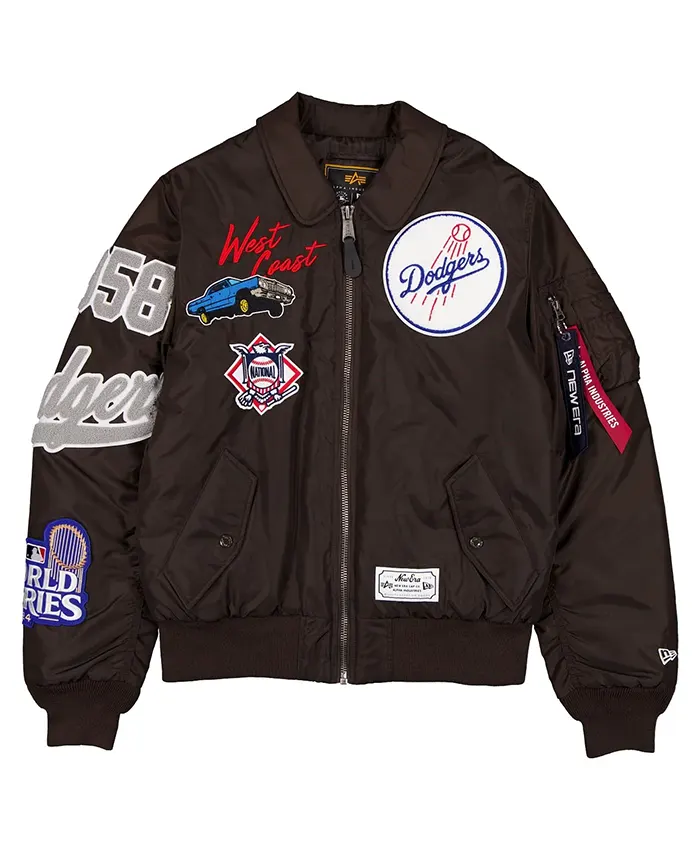 MLB Los Angeles Dodgers New Era x Alpha Industries MA-1 Flight Brown Satin Bomber Jacket front view