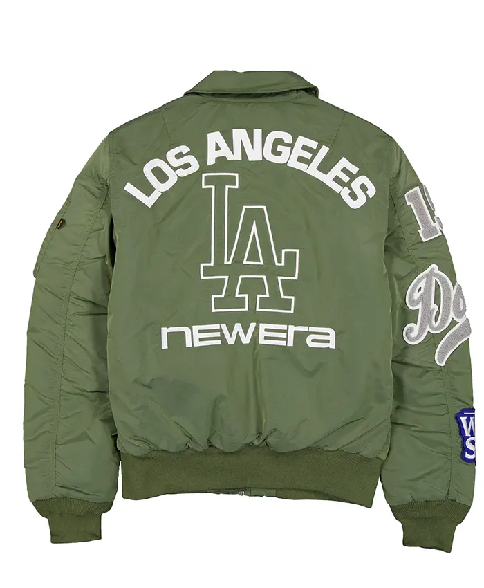 MLB Los Angeles Dodgers New Era x Alpha Industries MA-1 Flight Green Satin Bomber Jacket back view