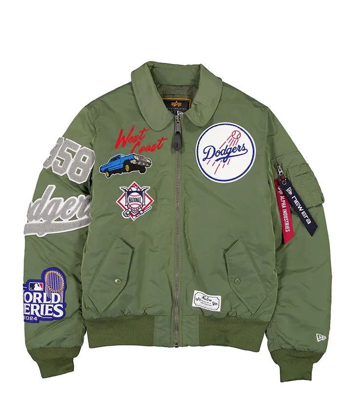 MLB Los Angeles Dodgers New Era x Alpha Industries MA-1 Flight Green Satin Bomber Jacket front view