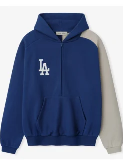 MLB Los Angeles Dodgers x Fear of God Half-Zip Royal And Gray Raglan Sport Hooded Jacket front view
