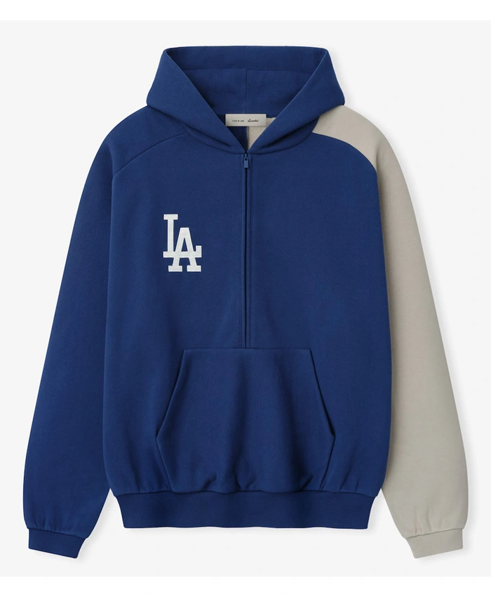 MLB Los Angeles Dodgers x Fear of God Half-Zip Royal And Gray Raglan Sport Hooded Jacket front view