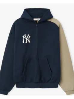 MLB New York Yankees x Fear of God Half-Zip Navy And Khaki Raglan Sport Hooded Jacket front view