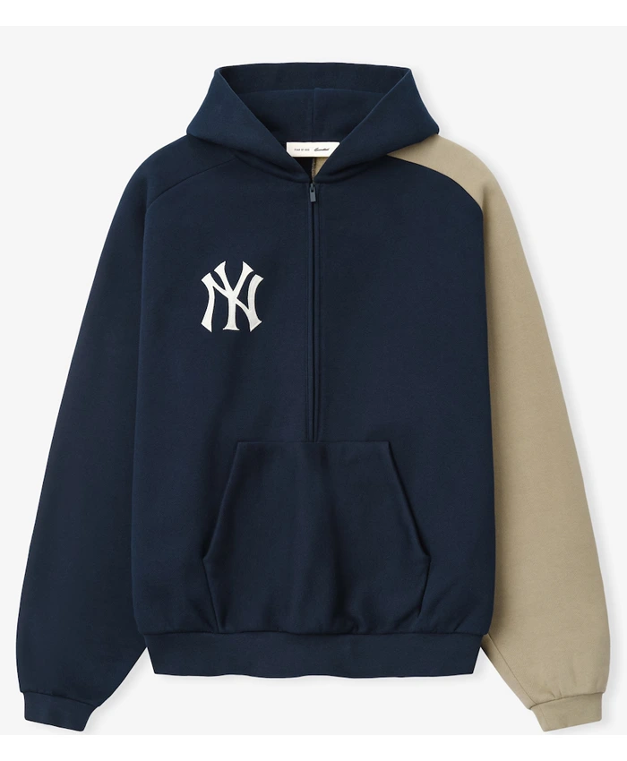 MLB New York Yankees x Fear of God Half-Zip Navy And Khaki Raglan Sport Hooded Jacket front view