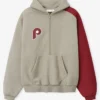 MLB Philadelphia Phillies x Fear of God Half-Zip Gray And Burgundy Raglan Sport Hooded Jacket front view