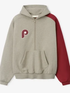 MLB Philadelphia Phillies x Fear of God Half-Zip Gray And Burgundy Raglan Sport Hooded Jacket front view