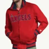 MLB Team Los Angeles Angels Captain Red Satin Varsity Bomber Jacket front view