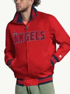 MLB Team Los Angeles Angels Captain Red Satin Varsity Bomber Jacket front view
