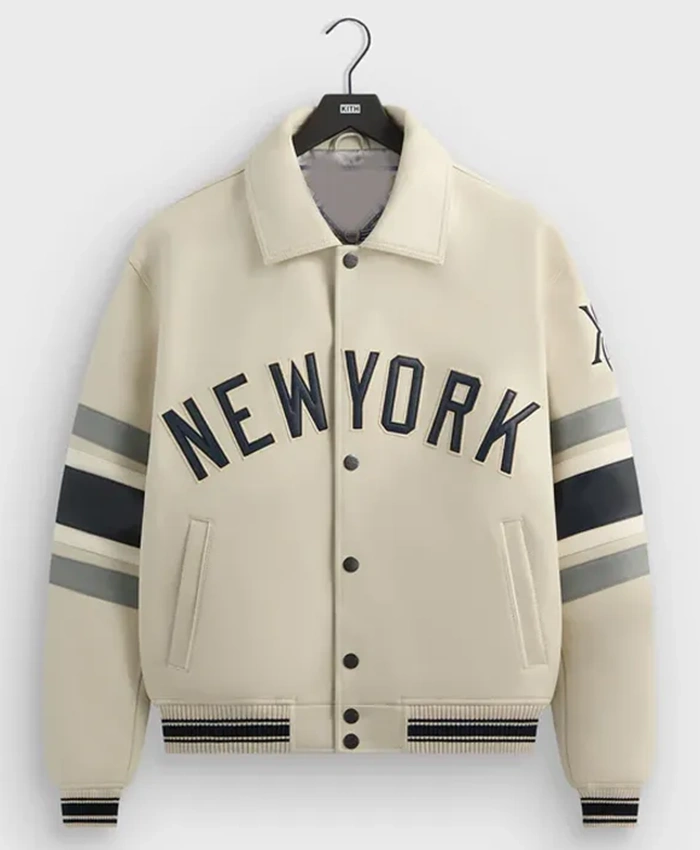 MLB World Series 2025 Kith x Avirex New York Yankees Jason Alexander White Leather Jacket Front View
