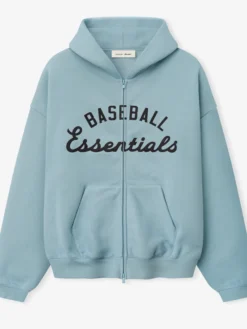 MLB x Fear of God Essentials Half-Zip Raglan Sport Blue Fleece Hooded Jacket front view