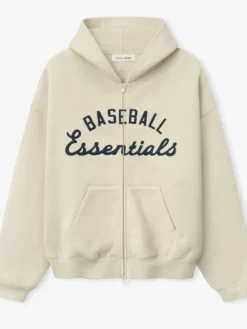 MLB x Fear of God Essentials Half-Zip Raglan Sport White Fleece Hooded Jacket front view