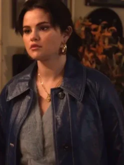 Mabel Mora Only Murders In The Building S03 Selena Gomez Blue Leather Coat front view