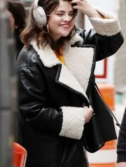Mabel Mora Only Murders In The Building S4 Black Shearling Leather Jacket front view