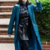 Mabel Mora Only Murders in the Building S05 Blue Leather Coat front view
