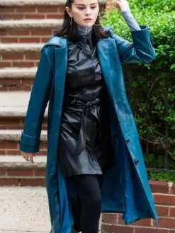 Mabel Mora Only Murders in the Building S05 Blue Leather Coat front view