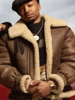 Malcolm M. Mays Power Book III Raising Kanan Brown Shearling Leather Jacket front view