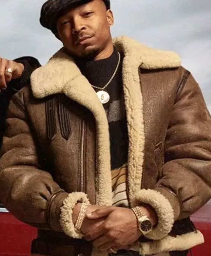 Malcolm M. Mays Power Book III Raising Kanan Brown Shearling Leather Jacket front view
