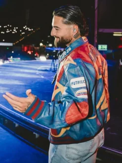 Maluma 2026 Live Performance Color-Block Racing Moto Leather Jacket