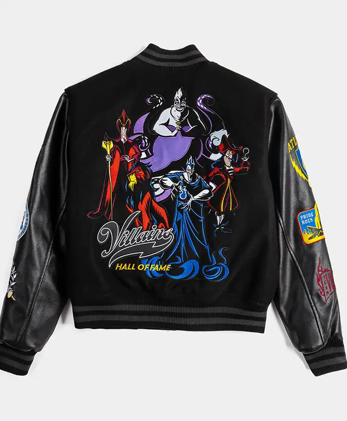 Men's Disney Villains x Shoe Palace Video Vault Black Wool Leather Varsity Jacket back view