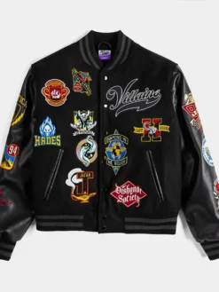Men's Disney Villains x Shoe Palace Video Vault Wool Leather Black Varsity Jacket front view