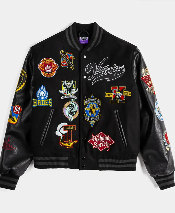 Men's Disney Villains x Shoe Palace Video Vault Wool Leather Black Varsity Jacket front view