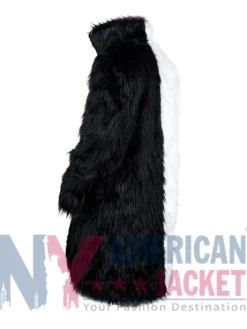 Men’s Over Knee Black And White Long Fur Trench Coat featuring Full-Length Sleeves and Open-Hem Cuffs