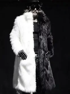 Men’s Thickening Black And White Fur Trench Coat with Stand-Up Collar and Open Front Design