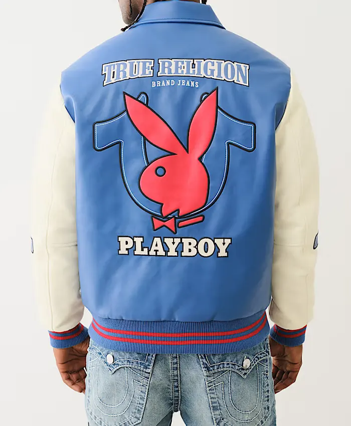 Mens True Religion x Playboy Blue Leather Jacket