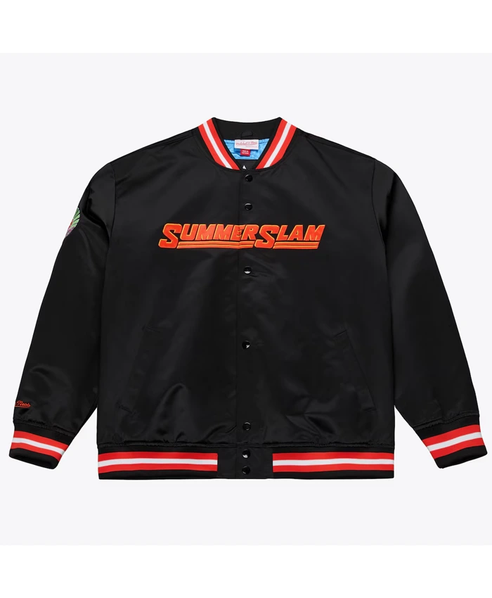 Men’s WWE SummerSlam Minnesota 2026 Mitchell & Ness Black Satin Jacket front view
