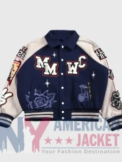 Mickey Mouse Wolves Club Roxy Box Cut Navy Blue Letterman Jacket Front view