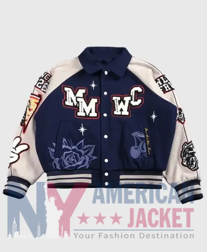 Mickey Mouse Wolves Club Roxy Box Cut Navy Blue Letterman Jacket Front view
